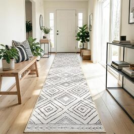 Килимок-довгий килим для коридору 60 x 180 см, неслизький для кухні, з коротким ворсом, пральний, складаний, у стилі бохо – для коридору, кухні, вітальні та офісу, чорно-білий 60 x 180 см