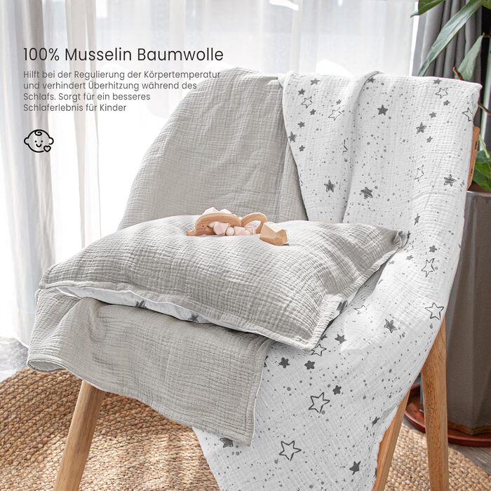 Набір постільної білизни для дитячого ліжечка Lulumoon з мусліну 100x135 см: простирадло 100x135 см + наволочка 40x60 см з бавовни Oeko-TEX Standard – легка та комфортна постільна білизна для малюків. Теплий сірий колір, зірки, 100x135 см + 40x60 см