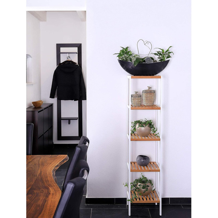 dibea Bathroom Shelf with 5 Shelves, Living Room Shelf, Standing Shelf, Bamboo Shelf, Bathroom Shelf, Book Shelf, Corner Shelf, Kitchen Shelf, 33x33x146 cm, natural/white