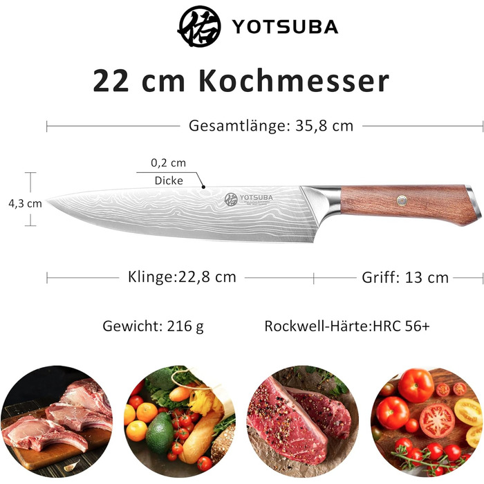 Японський кухонний ніж YOTSUBA 22 см, професійний шеф-ніж з нержавіючої сталі з вуглецевої сталі, ергономічна ручка з паккавуда