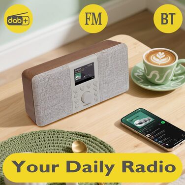MD5 Стерео Радіо DAB з Bluetooth 5.3 та 2.4' дисплеєм, Портативне цифрове радіо UKW, Стереозвук 2.0, 40 місць пам'яті, Будильник, Повторний будильник та режим сну, USB-C живлення (мережа або батарея) (Волоський горіх)