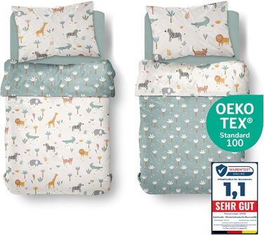 Дитяча постільна білизна комплект (2-частини) з 100% бавовни Oeko-Tex - ковдра 100x135 см та подушка 40x60 см з блискавкою. Дитяча постіль, дихаюча, регулює температуру, Сафарі з тваринами