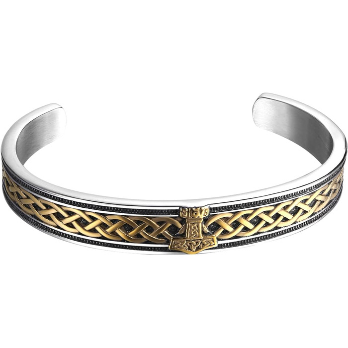 Чоловічий браслет JewelryWe з нержавіючої сталі з вовком, плетіння, стиль вікінг/байкер, відкритий браслет, срібло/золото/чорний, еластичний