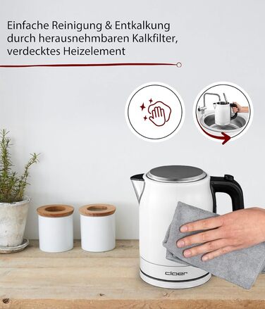 Електричний чайник Cloer 4511 з нержавіючої сталі, 2200 Вт, білий, 1 літр