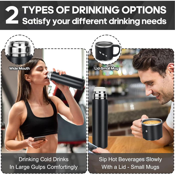 Термос із нержавіючої сталі 550 мл - термос-термокружка з чашкою та ручкою, вакуумний термос 12 годин гарячий / 12 годин холодний, нековзний термос для кави в дорогу для спорту, роботи, школи, автомобіля (Чорний)