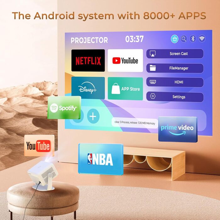 Портативний проєктор LYNCAST з Wi-Fi та Bluetooth, Android 11, 1080P/4K, поворотний на 180°, для домашнього кінотеатру та на відкритому повітрі (LumeCube 018 White)