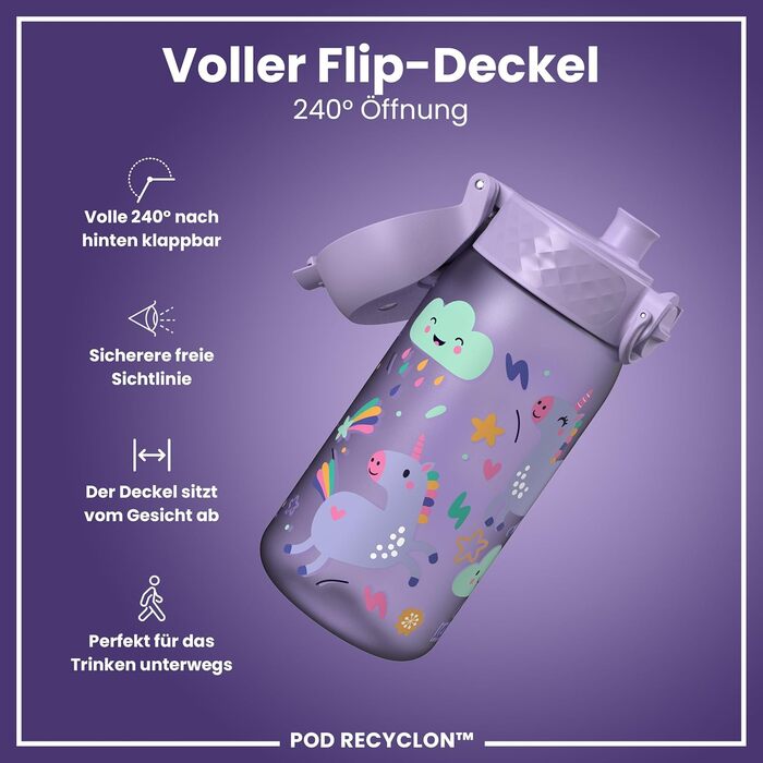 ion8 Insulated Stainless Steel Drinking Bottle 320 ml Leak-Proof One-Hand Opening Secure Locking Dishwasher-Safe Flip-Top Lid Carrying Handle Easy to Clean, Durable, Unicorn (Evo, Recyclon, Violet)
