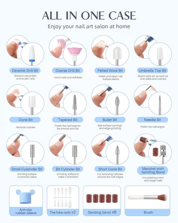Електрична фрезерна машинка JOREST 13-в-1 бездротова, 35 000 об/хв, 6 режимів - набір для манікюру та педикюру для гелю та акрилу, для початківців, Aqua Blue