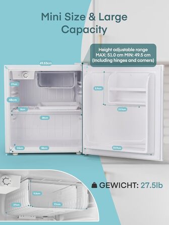 Міні холодильник FOHERE 46L з відділенням для льоду | Компактний холодильник з регулюванням температури, енергозберігаючий, тихий | Ідеальний для офісу, кемпінгу та геймінгу | Змінний бік відкривання дверцят | Білий