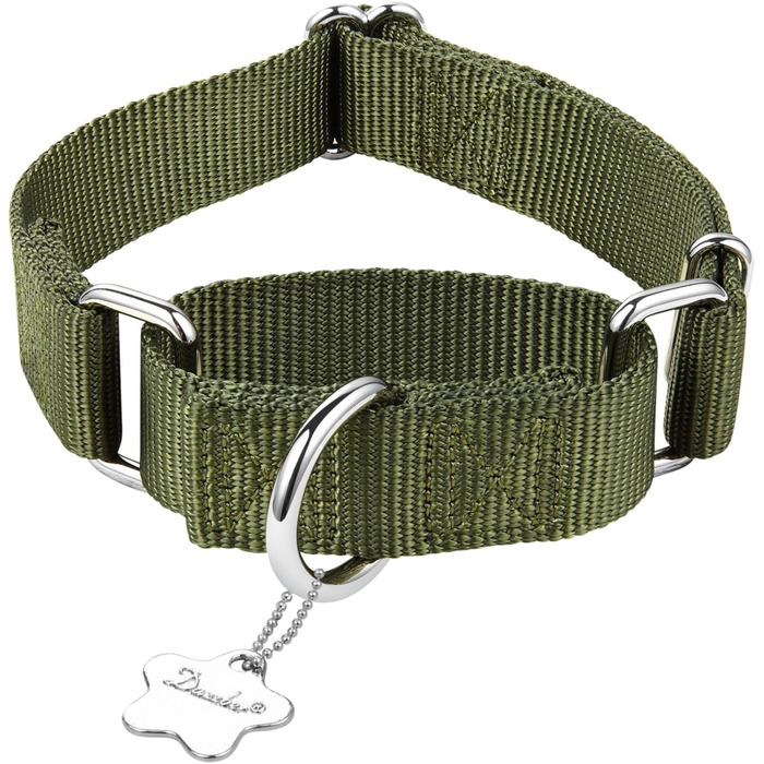 Нашийник для собак Dazzber Martingal, регульований, міцний, анти-тяга, нейлон, для великих/середніх/маленьких собак (L(42-66см), великий: 43-65см, середній: 36-53см), військовий зелений