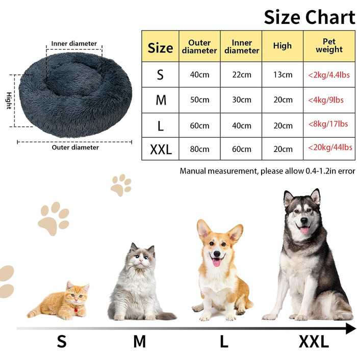 Кругле ліжко для котів та собак, 60 см, м'яке, плюшеве, миється, сірий (S_Dark Grey)