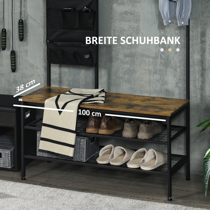 HOMCOM Wardrobe in Industrial Design, 1 Memo Board, 1 Shoe Bench, 8 Clothes Hooks, 1 Storage Bag, Black + Brown