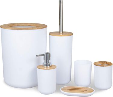 Набір для ванної кімнати MisFox з бамбука (6 предметів): дозатор для лосьйону, сміттєвий контейнер, тримач для зубних щіток, стаканчик для зубної пасти, щітка для туалету, мильниця (білий)