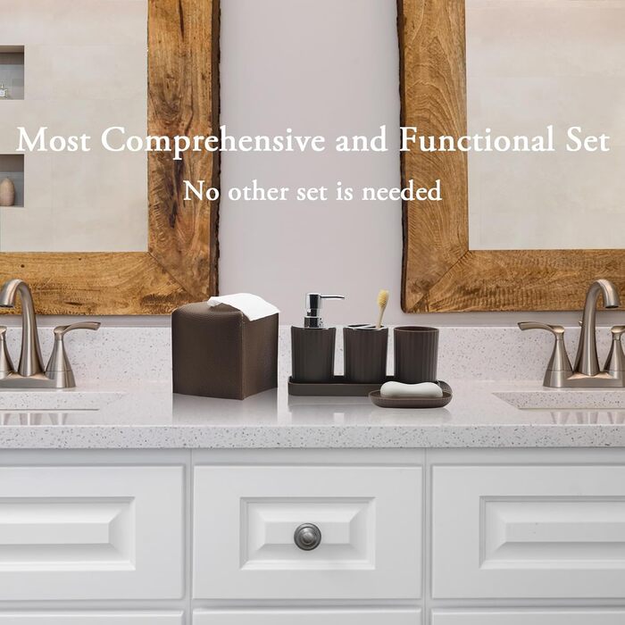 Комплект аксесуарів для ванної кімнати, 10 предметів: коричневий набір з відром, тримачем для зубних щіток, мильничкою, дозатором мила, тримачем для унітазного йоржика, контейнером для ватних паличок та кришкою для серветок