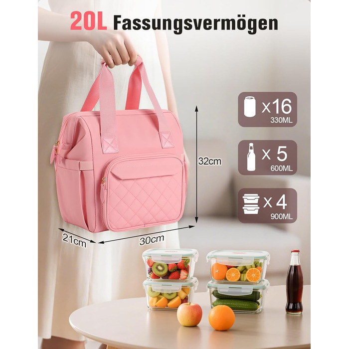 Сумка-холодильник 20 л, рожева: ізольована сумка-ланчбокс з PEVA-підкладкою, кілька відділень та плечовим ременем для роботи, школи, авто, пікніка