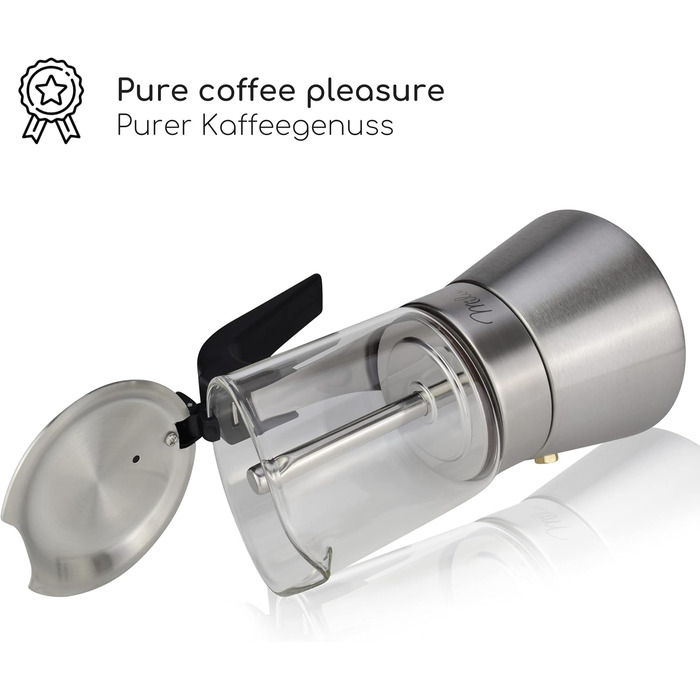 Milu Espresso Maker Induction Compatible | 4, 6 Cups | Stainless Steel Glass Moka Pot, Espresso Pot, Espresso Maker Set including coaster, spoon, brush (4 cups 200ml) Glass 4 cups (200ml)