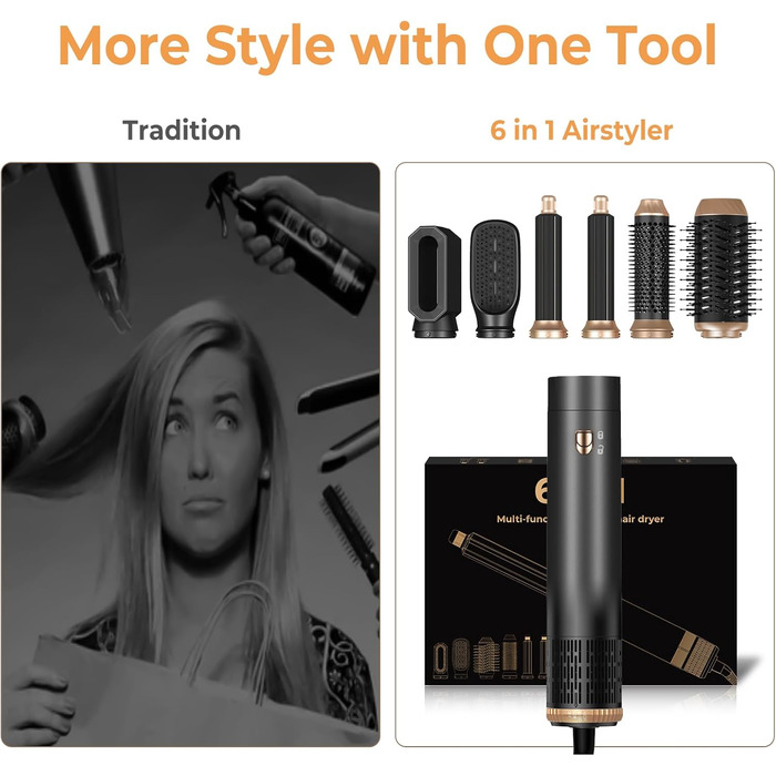 UKLISS Фен-щітка 6 в 1: Локони, об'єм, випрямлення та сушка - 1000W. Набір для створення зачісок з автоматичним завиванням, щітка-фен, круглі щітки, випрямна щітка (Чорний)