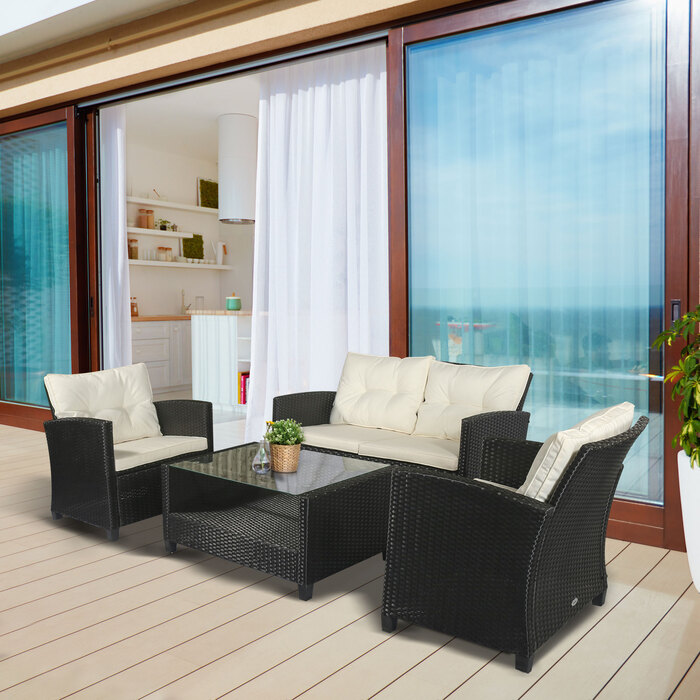 Outsunny 4-Piece Patio Furniture Set with 3 Sofas, Side Table, Cushions, and Aluminum Frame with Rattan-Like Wicker Finish in Black
