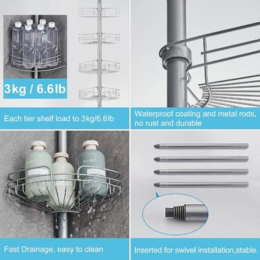 DUFU Кутовий полиця для душу з 4 кошиками, металева, регульована висота 73-265см, без свердління, антиковзаюча, сіра