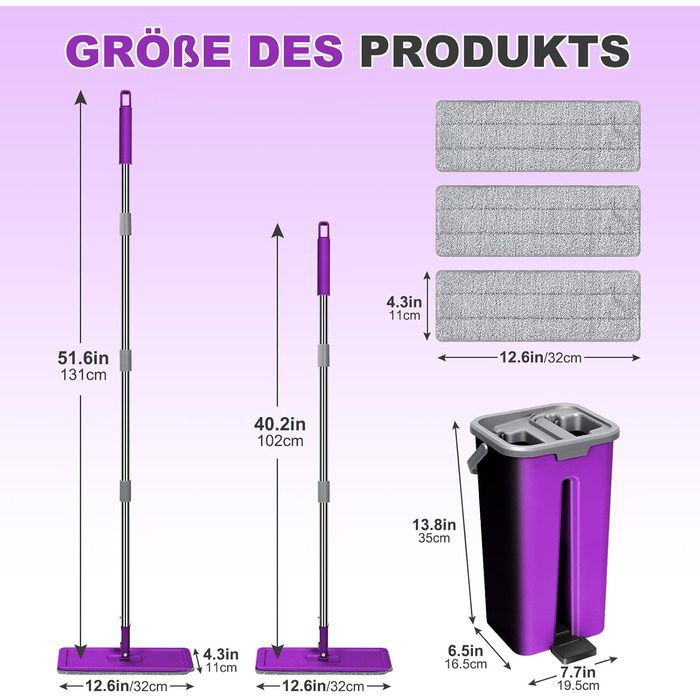 Набір для миття підлоги Masthome з відром: плоский моп, 3 мікрофібрових насадки, відро з нержавіючою сталею, моп з функцією віджиму, для прибирання підлоги