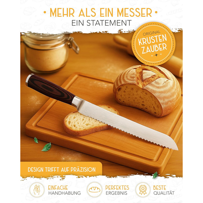 KRUSTENZAUBER Brotmesser з хвилястим лезом 20 см: міцне, з нержавіючої сталі, для точного нарізання хліба та хлібобулочних виробів