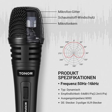 Динамічний мікрофон TONOR з XLR кабелем 5м та адаптером 6.35мм для караоке, сцени, студії та домашнього використання. Чорний