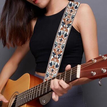 Гітарний ремінь з бавовни для акустичної гітари, 2 шт., вишиті ремені для бас-гітари, електрогітари та акустичної гітари, безкоштовна пряжка, замок для ременя та медіатор (Retro-gold-jacquard)