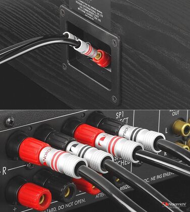 Акустичний кабель Nakamichi 12AWG з банановими роз'ємами 24K золото, 3м, безкиснева мідь (OFC), в обплетенні, для домашнього кінотеатру та підсилювача — Чорний