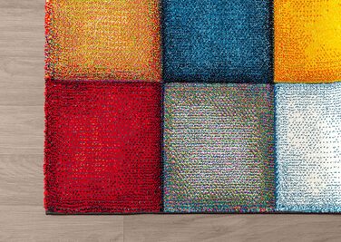 Monde Deluxe Living Room Carpet, Hand Carved, Short Pile, Colorful, Multicolored, Blue, Red, Brown, Green, Grey, Checkered, 80 x 150 cm, Multicolored