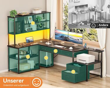 Комп'ютерний стіл Coleshome L-подібний з 5 ящиками та 4 полицями, 180x100 см, з LED-підсвічуванням, розетками та USB, для дому та офісу, білий/чорний