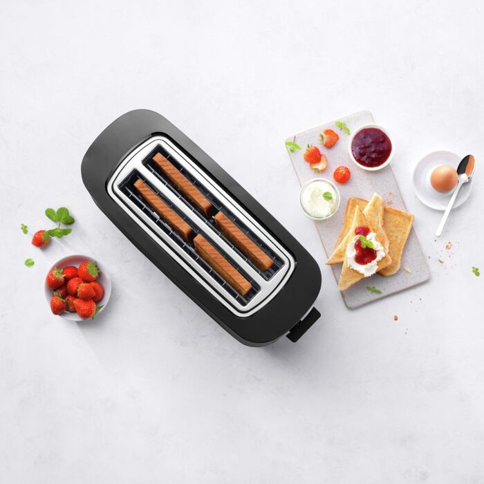 ZWILLING ENFINIGY Toaster with 3 automatic programs, 7 browning levels, and an auto-off function, long-slot toaster for 4 short or 2 long slices, with a roll holder attachment, Black with attachment Black
