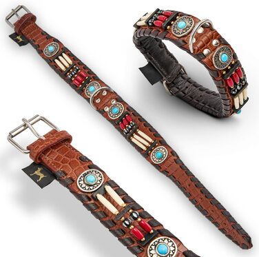 Ошийник для собак MICHUR Carlota, шкіряний, коричневий, з бірюзовими каменями, різні розміри (24-28,5 см)