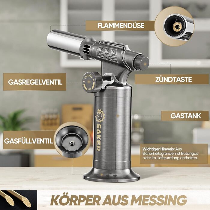 Професійний газовий пальник-фламбе SAKER для кулінарних страв та DIY: бутановий пальник з п'єзорозпалом для крем-брюле, паяння та рукодія, сріблястий