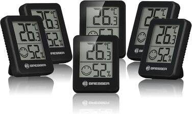 Bresser 6-Piece Thermometer Hygrometer Set - Digital Room Thermometer for Controlling Indoor Humidity, Refrigerator Suitable, Wall Mounting and Magnetic, Mold Prevention - Smiley Indicator, Black