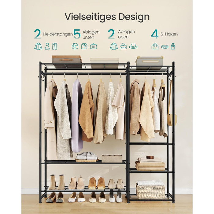 SONGMICS Стійка для одягу, відкритий шафа, вішалка для одягу з 10 полицями, 3 перекладинами, 4 гачками, металевий каркас, для спальні, вітальні, передпокою, чорний LGR011BZ01 (124,8B см)