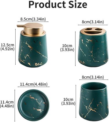 Набір аксесуарів для ванної кімнати: 4 предмети з ефектом темного зеленого мармуру (дозатор мила, тримач для зубних щіток, стакан, мильниця)