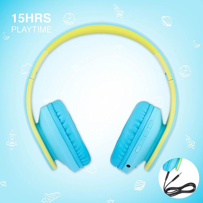 Дитячі навушники PowerLocus Bluetooth з обмеженням гучності 85dB, складні, з чохлом, Over-Ear, бездротові та з кабелем, з мікрофоном, Micro-SD, для телефону, ПК, планшета, зелені (синьо-зелені)