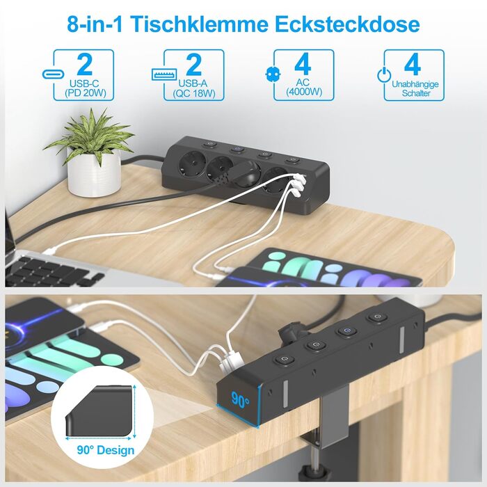 Мережевий адаптер PD 20W з плоским штеплером, розетка FDTEK 4-портова з індивідуальним вимикачем, 4000W, 16A, USB-C, розетка для столу з вимикачем, настільна розетка з кріпленням на стіну, кабель 2м (Чорний з кріпильною пластиною)