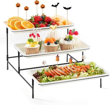 Lifewit 3-Tier Etagere with 30 x 17 cm Plastic Serving Plates, 3-Level Serving Tray Serving Platter with Folding Black Metal Shelf, Buffet Party Accessories for Vegetables/Fruit/Cookies/Cake