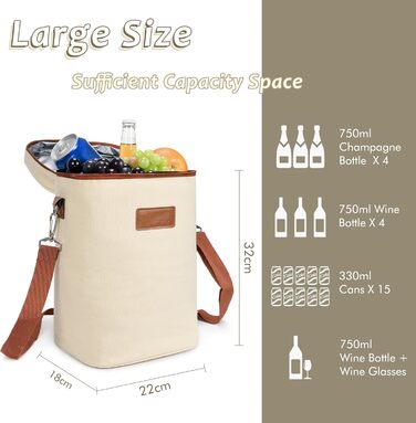 Kato Tirrinia Insulated Wine Cooler Bag, 4 Bottle Cooler Bag Wine Bag Beverage Bags with Handle and Adjustable Shoulder Strap, Gift for Wine Lovers for Picnics, Parties, Beach