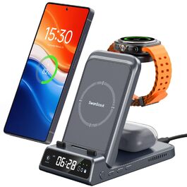 Бездротова зарядка SwanScout 703S 3-в-1 для Samsung Galaxy S25/S24/Fold 7, Watch 8/8 Classic/Ultra та Buds (Технічний сірий)