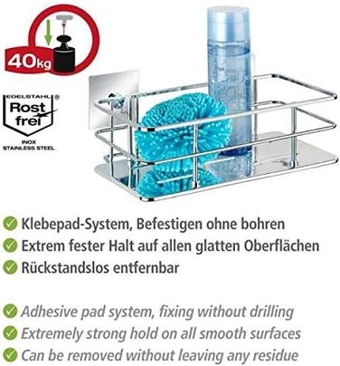 WENKO Turbo-Loc Stainless Steel Wall Shelf Quadro, Mounting Without Drilling, 24 x 10 x 14.5 cm, Chrome