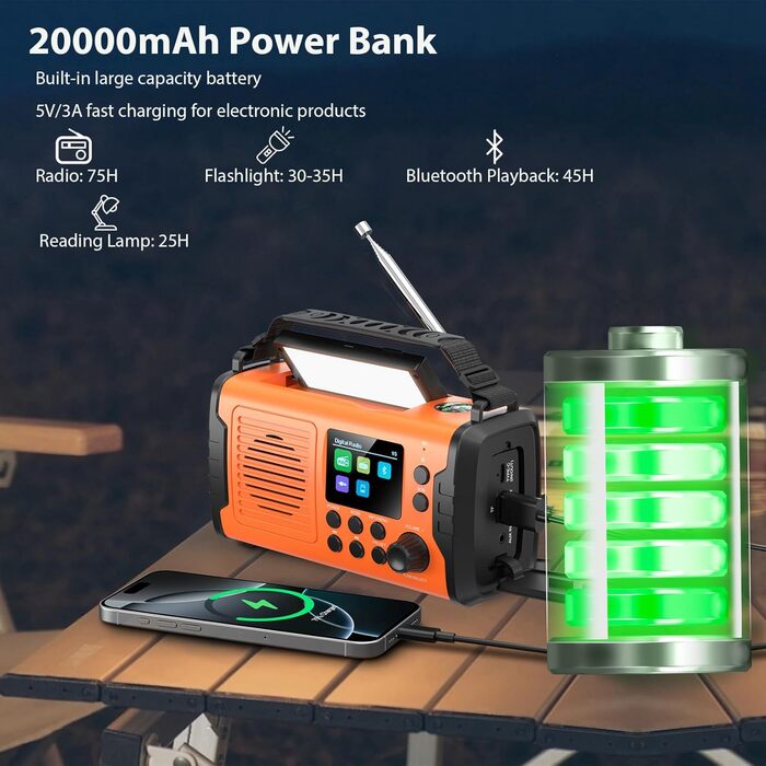 Радіо Kurbelradio на 20000mAh з Bluetooth, DAB/FM, сонячною панеллю, TF-карткою, AUX IN, TFT екраном, LED ліхтариком та SOS кнопкою (ArmyGreen)