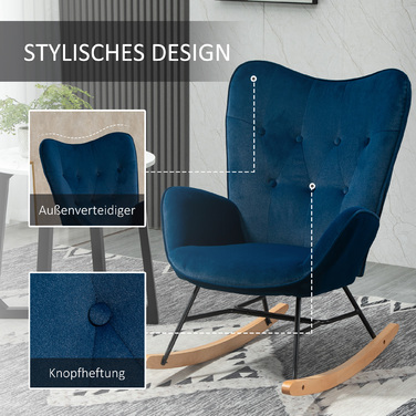 Крісло-гойдалка HOMCOM з капюшоном Rocking Chair Великий комфорт Підлокітники Сидіння Спинка оббита високощільним оксамитом Синій | Aosom