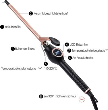 Професійний локон-стайлер 9 мм з LCD-дисплеєм, керамічний, 140-200°C, швидкий нагрів за 30 секунд, регулювання температури, з термозахисним рукавичем та зажимами для волосся (чорний)