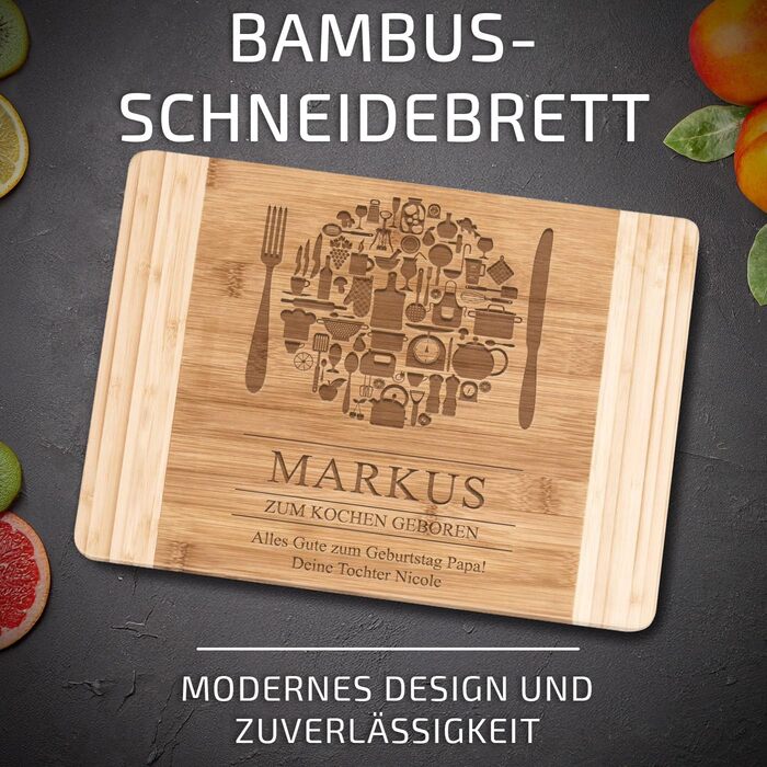 Maverton Bamboo Cutting Board with Engraving - Serving Board - Charcuterie Board Solid Wood - Size: 35x25 cm - Cutting Board for Men - Christmas Gifts - for Birthdays - for Christmas - Cutlery
