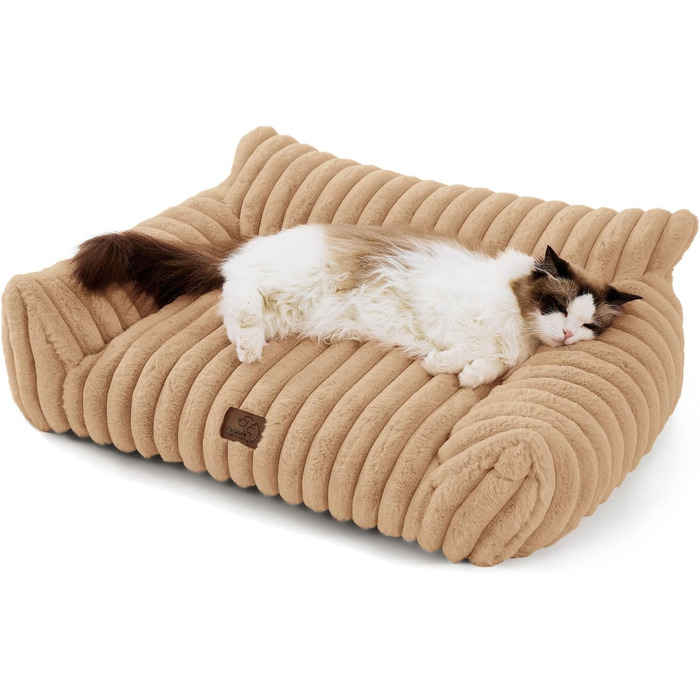 Ортопедичне ліжко для котів BEDSURE - велике, 61x46x25 см. Також підходить для маленьких собак. Зручне, м'яке, з антиковзним покриттям, легко миється. Розмір L 76 x W 51 x H 25 см, колір верблюжий.