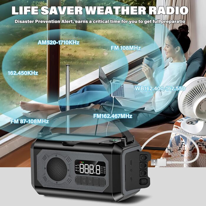 Радіо на сонячних батареях з ручним заводом 12000 mAh, AM/FM/NOAA. Ліхтарик, зарядний пристрій для телефону, компас. Сірий