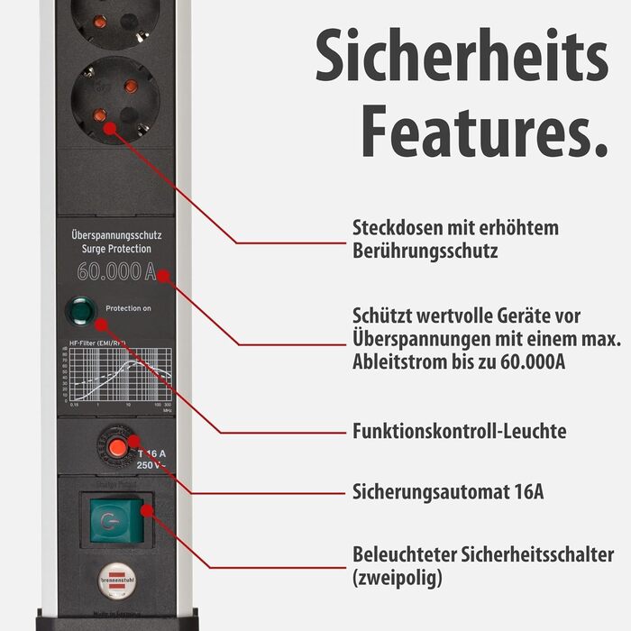 Бренненштуль Premium-Protect-Line Розподільник розеток 6-фазний з захистом від перенапруги 60 000 A (з вимикачем та 3м кабелем, Made in Germany) Срібний/чорний, Нова версія Single
