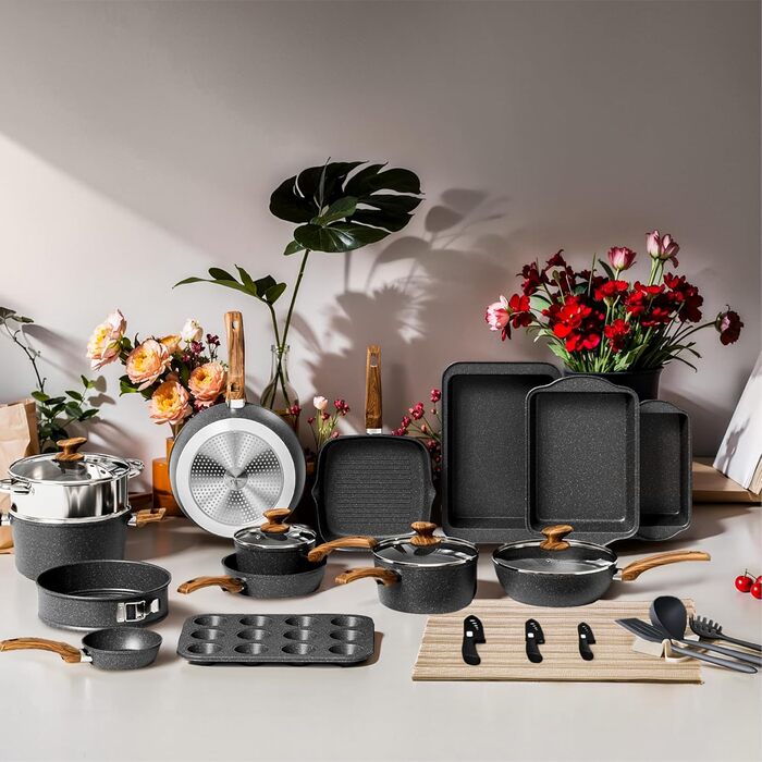 Набір каструль та сковорідок DishDelight 30 предметів з антипригарним покриттям, гранітне покриття, з кришками, зелений (чорний)